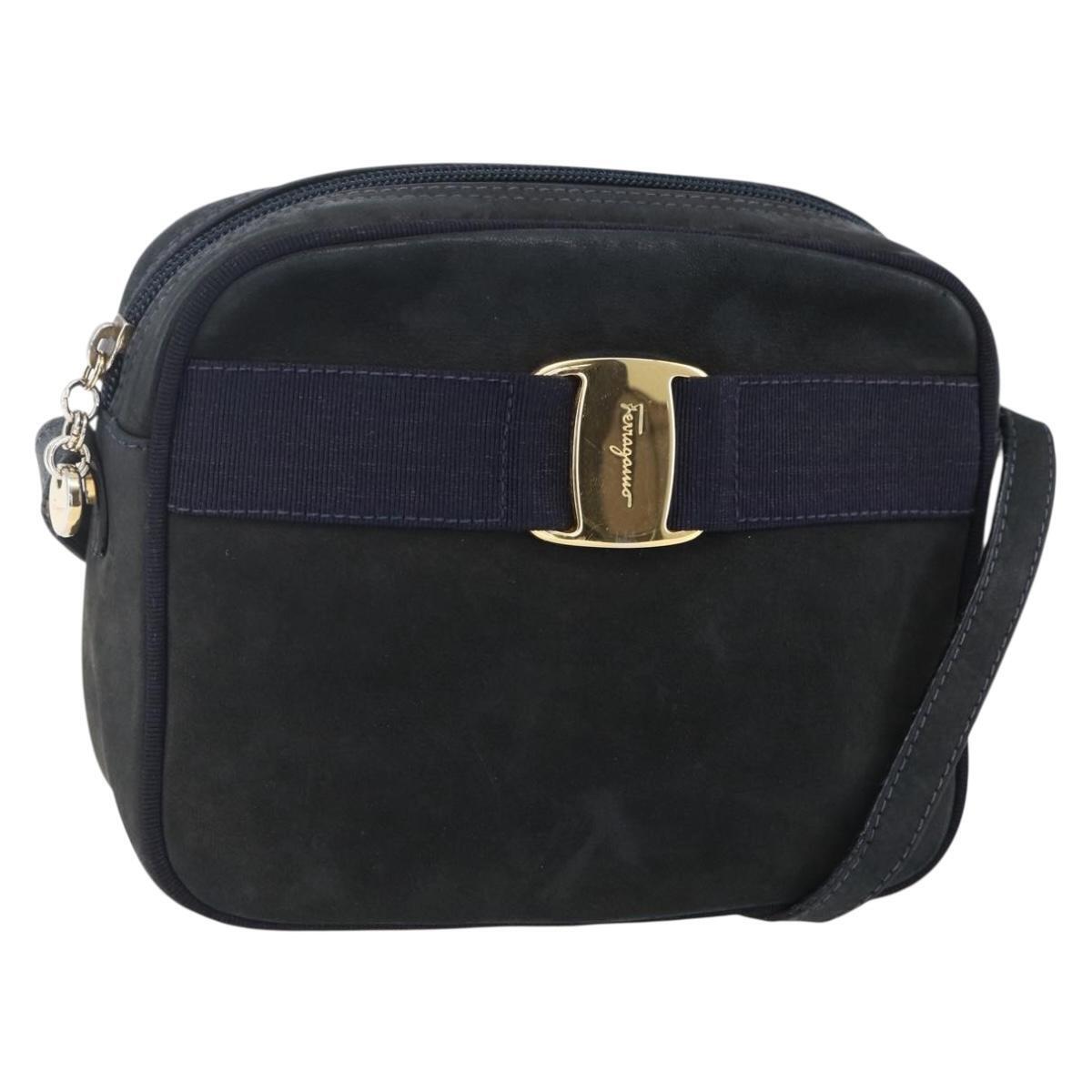 Salvatore Ferragamo Vala Shoulder Bag Suede Navy Gold Auth Ba7534